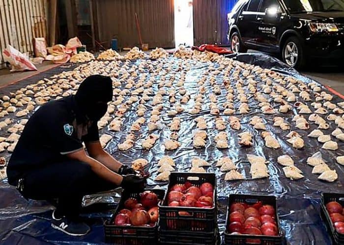 Saudi customs officers discovered millions of Captagon pills in a shipment of pomegranates arriving from Lebanon. Saudi Press Agency via AP