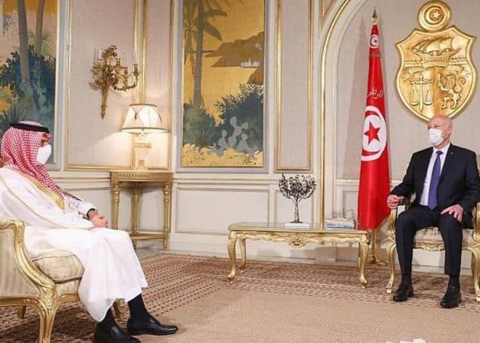 Tunisia President Kais Saied with Saudi Foreign Minister Prince Faisal bin Farhan bin Abdullah