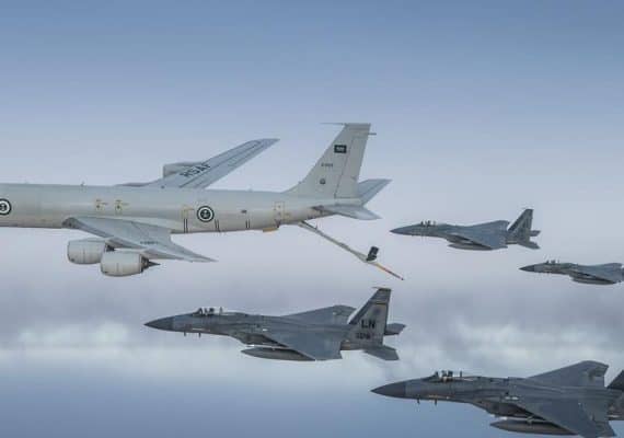Royal Saudi Air Force escorts the US B-52 strategic bomber over the kingdom's skies