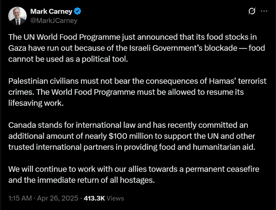 Canadian PM Urges Israel to Allow Food, Medicine into Gaza