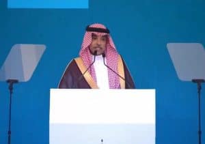 Saudi Minister of Media Salman Al-Dosari speaking during a press conference held in Riyadh.